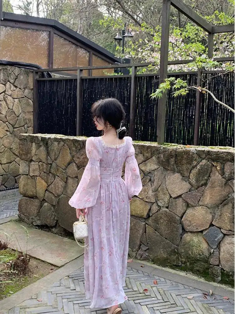 Aiertu Women Vintage Violet Print Square Neck Lace Fairy Dress Solid Elegant Bodycon Autumn Party Lady Pleated Princess Long Dress Boho Aiertu