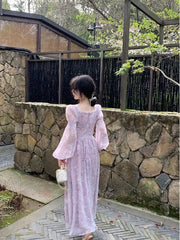 Aiertu Women Vintage Violet Print Square Neck Lace Fairy Dress Solid Elegant Bodycon Autumn Party Lady Pleated Princess Long Dress Boho Aiertu