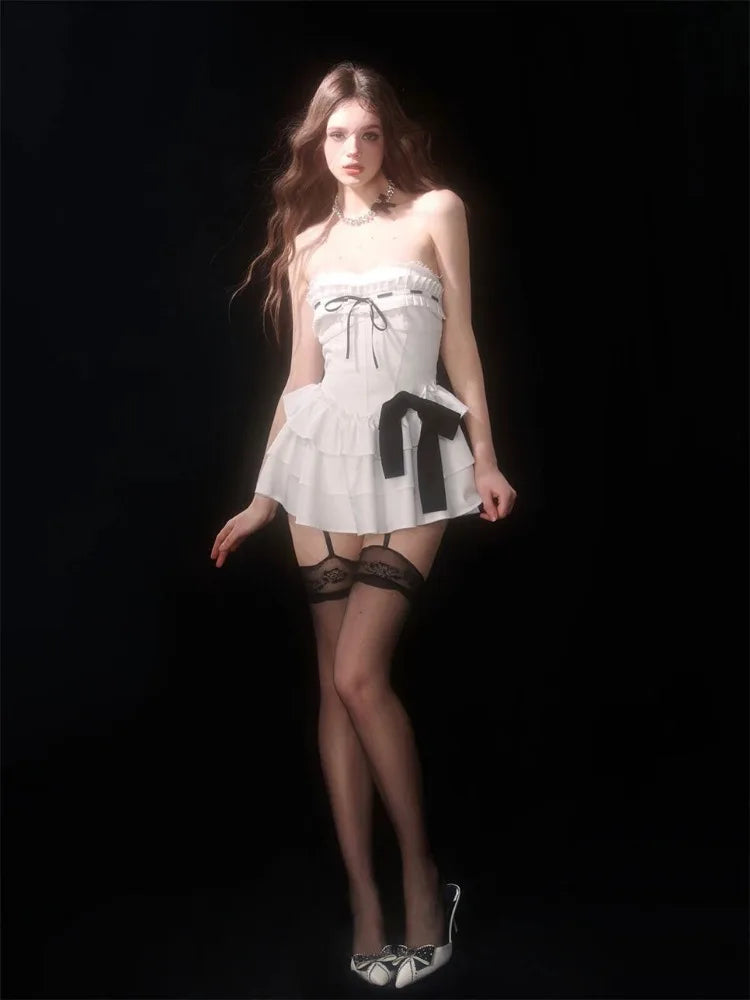 Aiertu Coquette Y2k Off Shoulder Sexy Ruffles Mini Dress Women Bow Sweet Kawaii Cute Design Party Short Dresses 2024 Fashion Aiertu