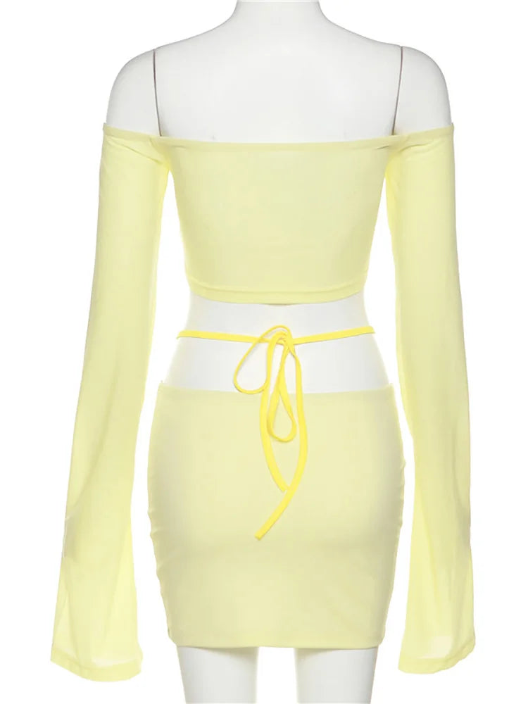 Aiertu Y2K Aesthetics Sexy Co-ord Sets Yellow 2000s Clubwear Off Shoulder Flare Sleeve Crop Tops and Micro Skirt 2 Piece Suits aiertu