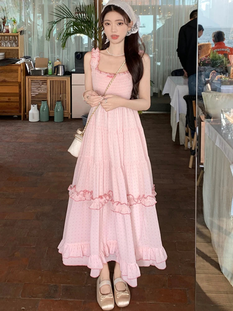 Aiertu Vintage Elegant Dot Pink Dress Women Ruffles Kawaii Y2k Short Party One Piece Dress Female Princess Korea Fashion Casual Clothes Aiertu