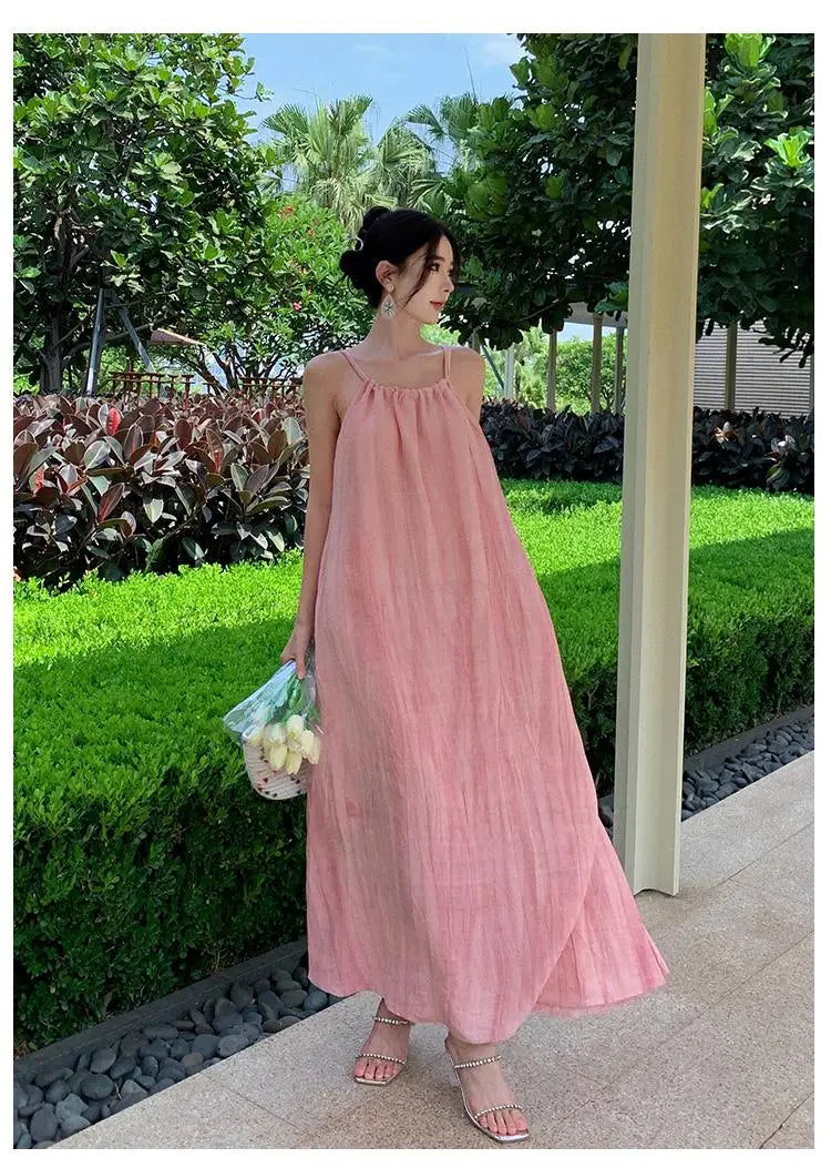 Aiertu Pink Halter Sexy Club Loose Pleated Bandage Large Swing Long Dress Elegant Holiday Party Dress For Women Summer Simplicity Aiertu