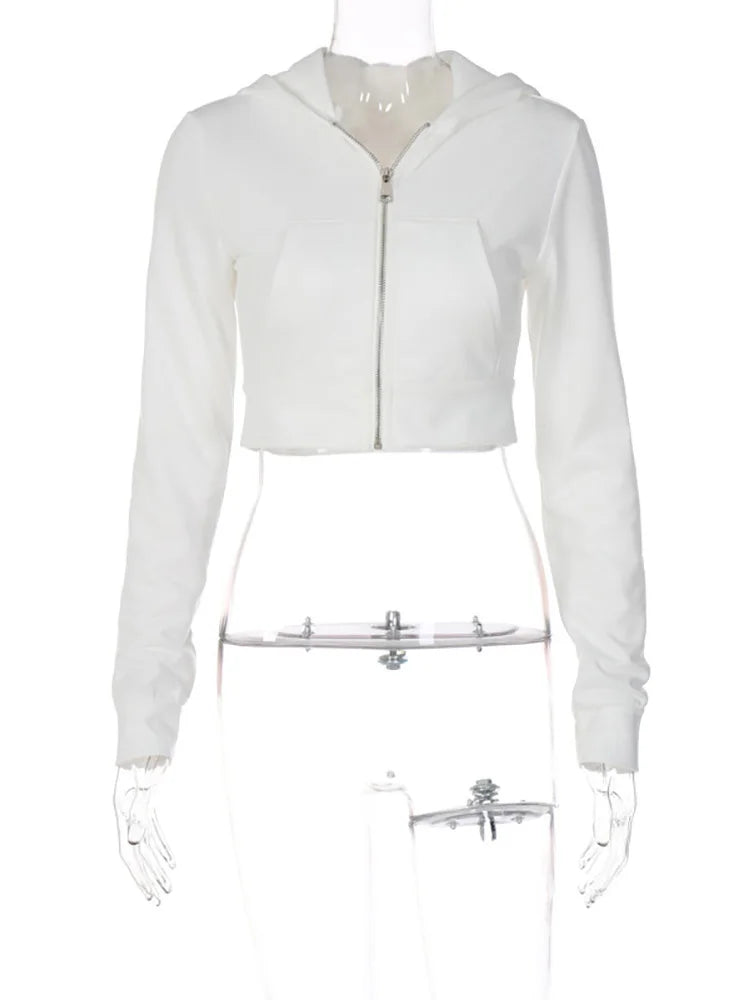 Aiertu FALL OUTFITS Y2K Aesthetic Vintage Basic Zip Up White Cropped Hoodies 2000s Fashion Big Pockets Front Hooded Long Sleeve Sweats Cute aiertu