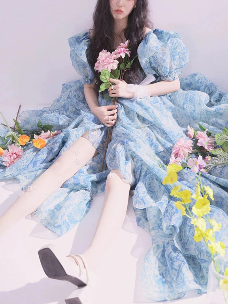 Aiertu Vintage Floral Long Fairy Dress Women Summer Ruffles Elegant Beach Party Dresses Female Causal Korean Sweet Princess Dress Aiertu
