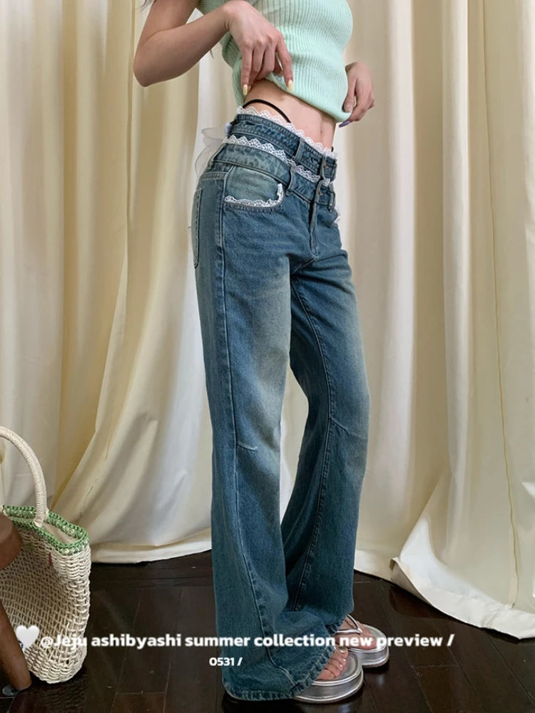 Korean Y2k Flare Jeans Women Low Waist Vintage Streetwear Letter Embroidery Lace Trim Denim Trousers Kpop 2000s Clothes Aiertu