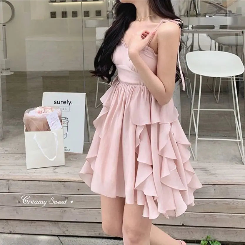 Aiertu Women's Sexy Mini Dress, Sleeveless, High Waist, Ruffle, Kawaii, Japanese, Young Girl, Casual Sundress, Summer, Aiertu