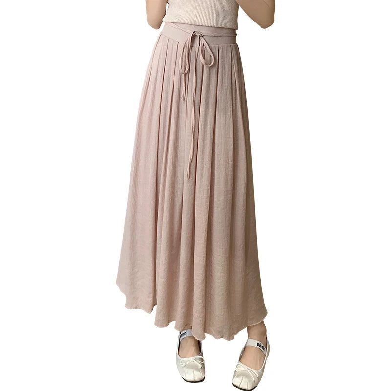 Aiertu Women Elegant High Waist Maxi Lace Up Skirt Summer Ladies Casual Elastic Waist Pleated Long Skirts Fairy A-line Mid Length Aiertu