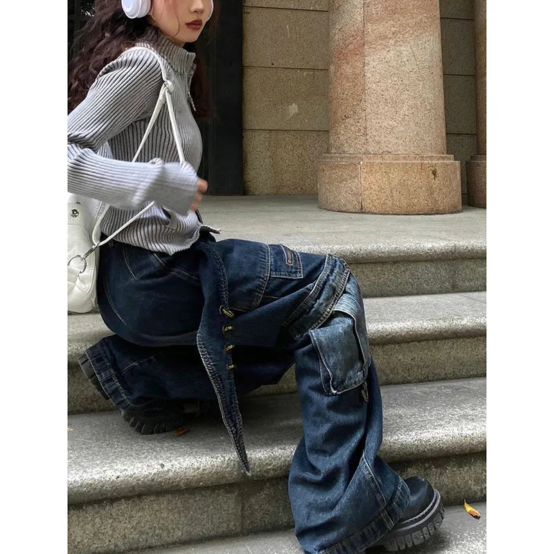 Aiertu Women's Casual Baggy Y2K Pants Wide Leg Grunge High Street Pockets Denim Trouser American Vintage High Waist Straight Jeans Aiertu
