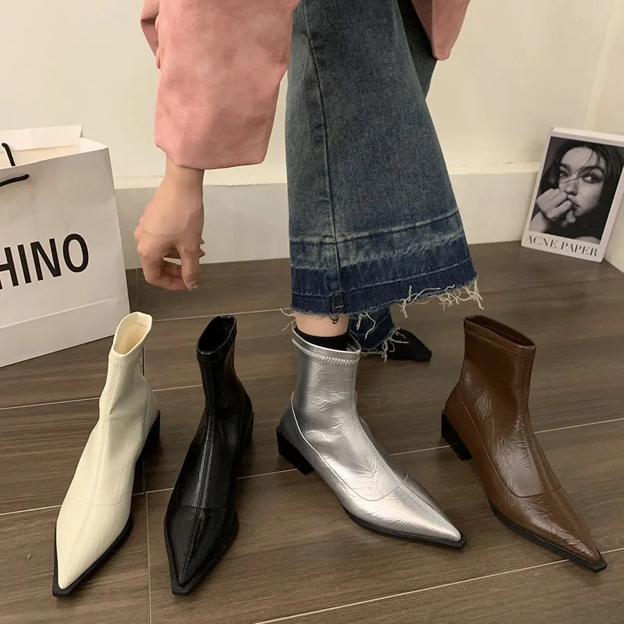 Boots Women New Shoes Luxury Designer silver  Ankle Fashion Pointy Med Ladies Rubber Autumn Rome Hoof Heels Flock Solid Sli Aiertu