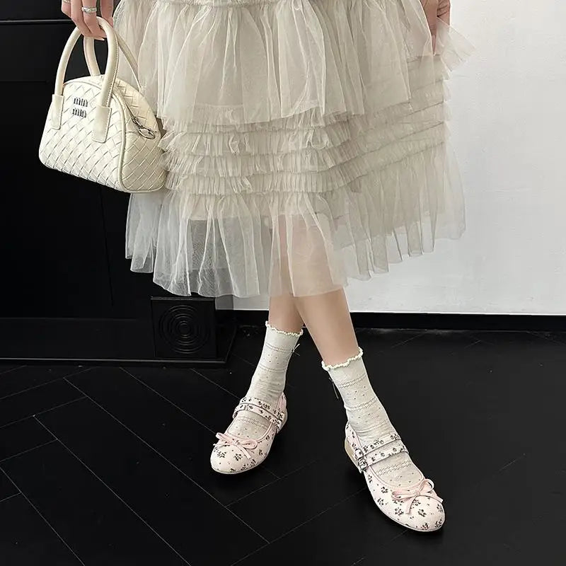 AIERTU  -  Pink Floral Pattern Low Heel Mary Jane Shoes Women Summer Comfort Silver Bowknot Ballet Flats Woman's Lolita Shoes Aiertu