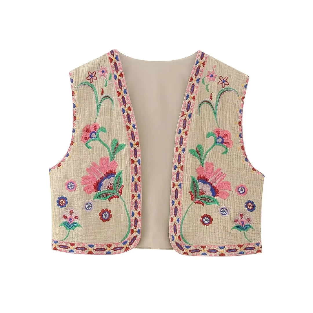 Aiertu Women Vintage Floral Embroidered Open WaistCoat Ladies National Style Vest Jacket Outfits Casual Vacation Crop Top Aiertu