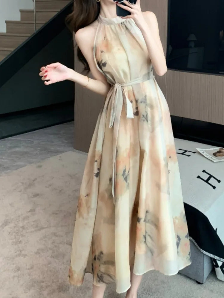 Aiertu Vintage Casual Floral Women Summer Dress Sleeveless Elegant A-Line Party Wedding Clothes Chic Belted Female Vestidos Mujers Aiertu