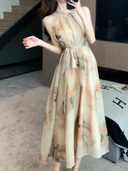 Aiertu Vintage Casual Floral Women Summer Dress Sleeveless Elegant A-Line Party Wedding Clothes Chic Belted Female Vestidos Mujers Aiertu