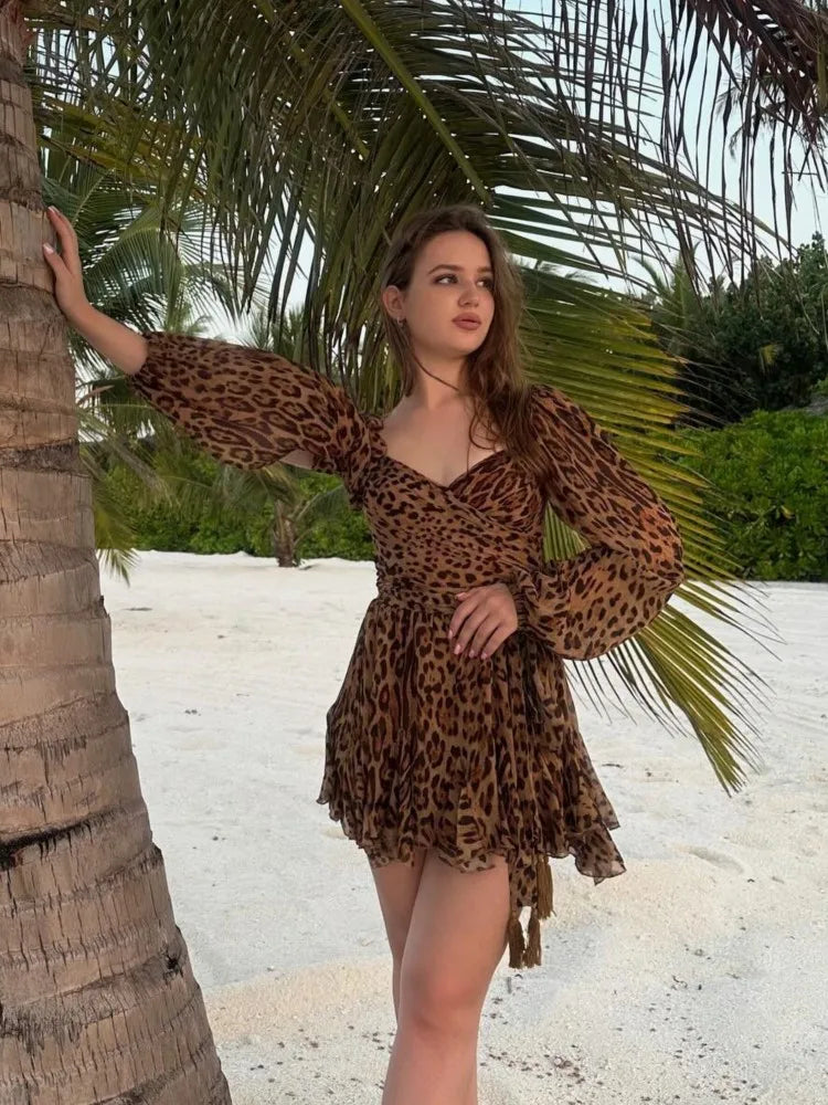 Aiertu Sexy Backless Bandage Women Leopard Print Mini Dress Fashion V-neck Split Lantern Long Sleeve Dresses Female Party A-line Robes Aiertu