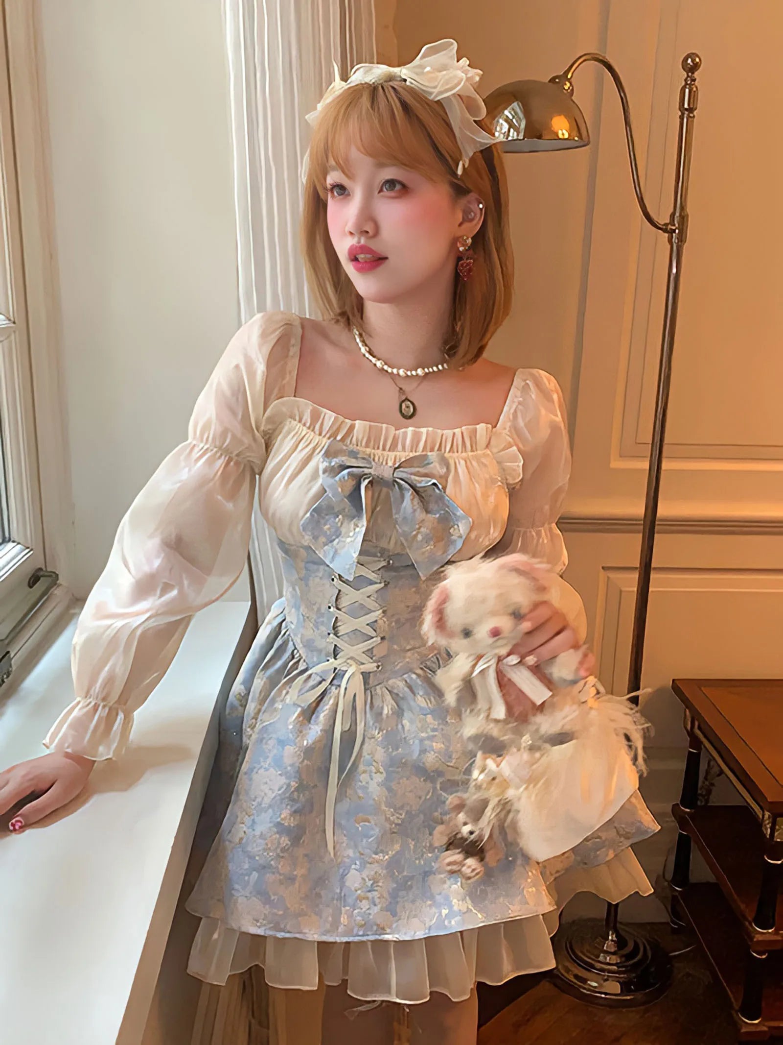Aiertu  Princess Dress Women Party Y2k Bandage Blue Cosplay Costumes Japanese Puff Sleeve Ribbon Square Neck Bowknot Mini Dress Aiertu