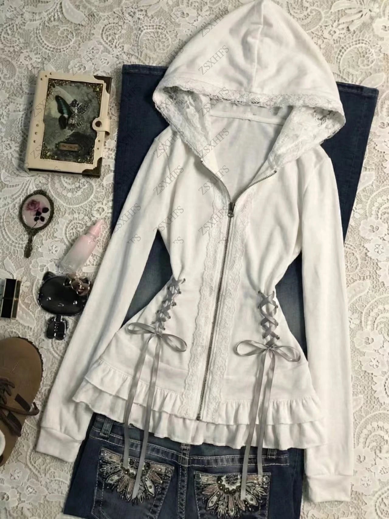AIERTU  -  Aesthetic Hoodie Women Clothing Lace Sweet Cute White Bandage Korea Chic Zip Up Hoody Vintage 2000s Kawaii Sweatshirt Y2k Coats Aiertu