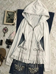 AIERTU  -  Aesthetic Hoodie Women Clothing Lace Sweet Cute White Bandage Korea Chic Zip Up Hoody Vintage 2000s Kawaii Sweatshirt Y2k Coats Aiertu