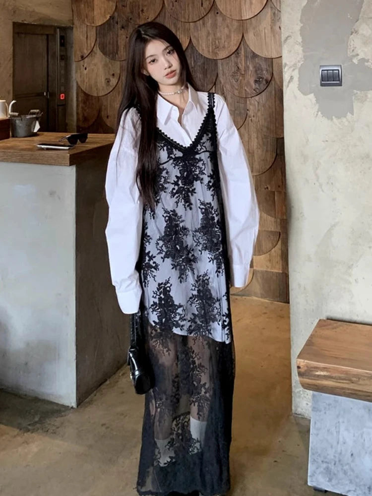 Aiertu Y2k Coquette Beach Sexy Floral Flower Embroidery Black Slip Long Dress Women Sundress Holiday Vacation Maxi Dresses Aiertu