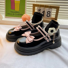 Aiertu Summer Female Shoes Fashion Mary Jane Shoes Round Head Band Heel Shoes Women Bow Pearl Square Heel Low-top Pumps Aiertu