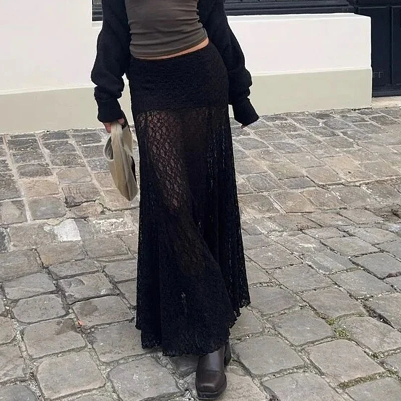 AIERTU  -  Vintage Sheer Lace Maternity Skirts for Women Low Elastic Waist Loose Fit Long Skirt Casual Pregnancy Skirts Fashion Streetwear Aiertu