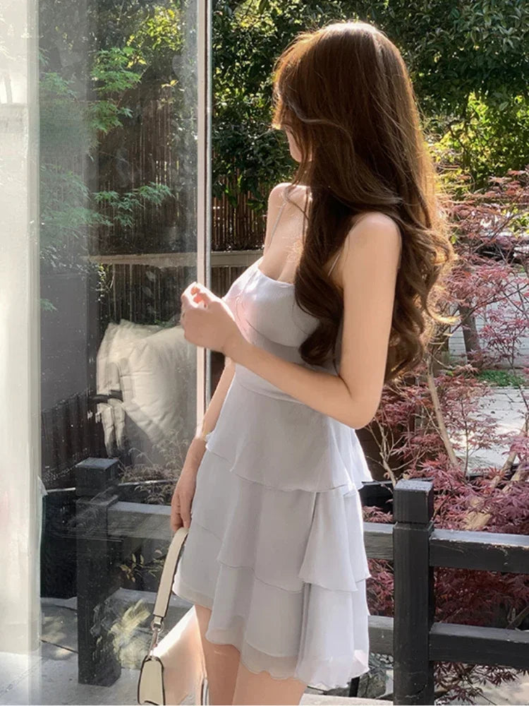 Aiertu Summer Elegant Formal Mini Dress Women Basic Sleeveless Chiffon Strap Dress Female Y2k Short Party Dress Solid Korean Chic Aiertu