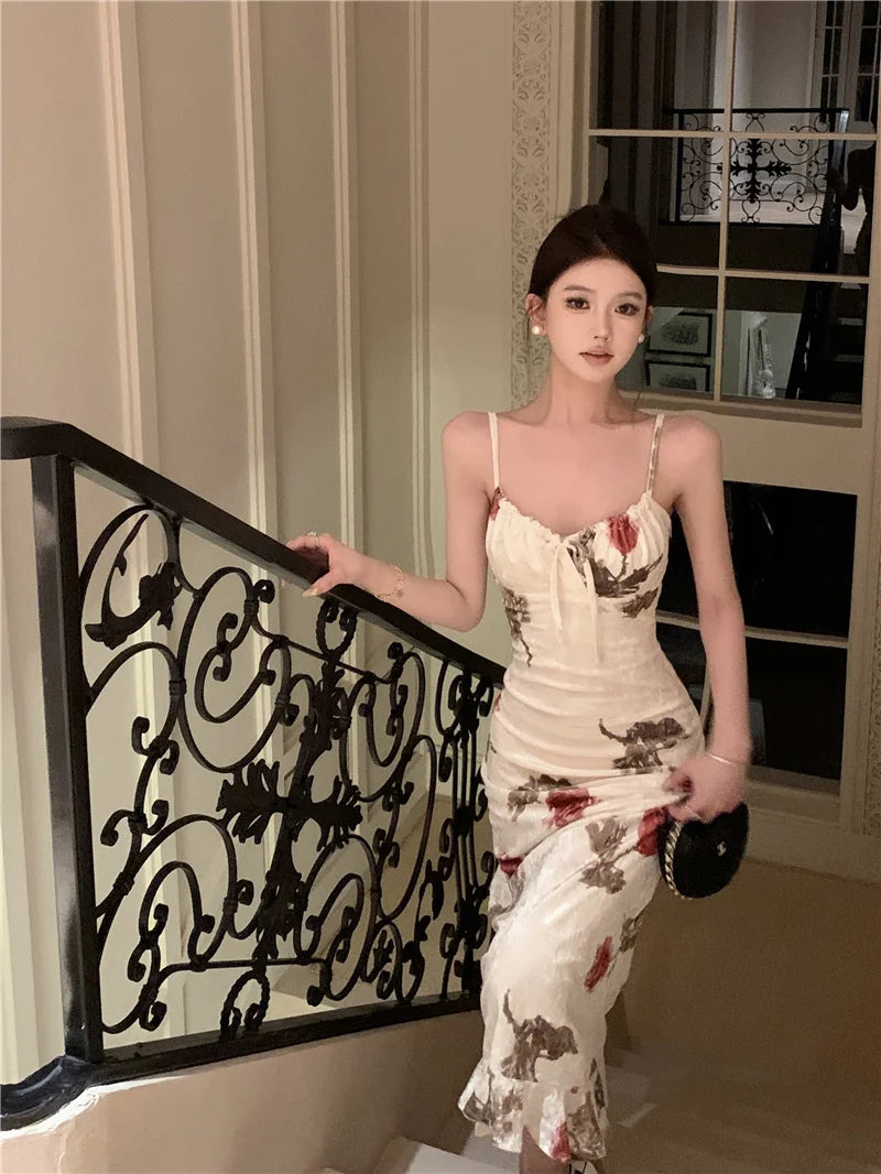 Aiertu Spring Summer Fashion Elegant Floral Print Women Dress Spaghetti Strap Vintage Slim Bodycon Casual Robe Female Party Vestidos Aiertu
