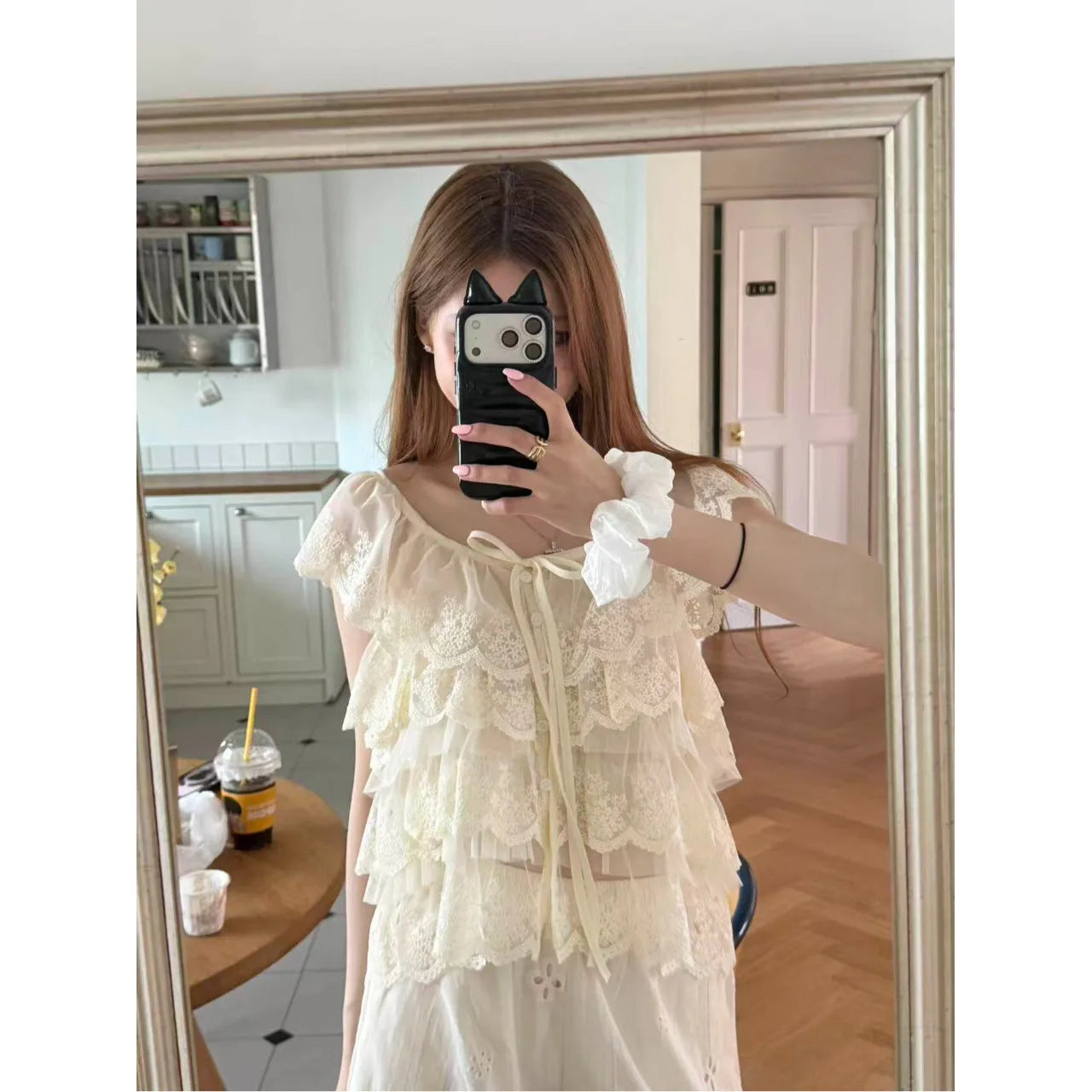 AIERTU  -  Korean Style Chic Fashion Summer Anti-Aging Lace Patterned Women's Shirt with Ruffle Sleeves Short Sleeve Versatile Fit Aiertu