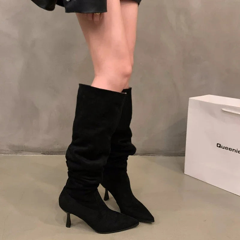 Sexy High Heel Women Knee High Boots Fashion Pleated Slip On Shoes Autumn Winter Ladies Knight Long Booties Aiertu