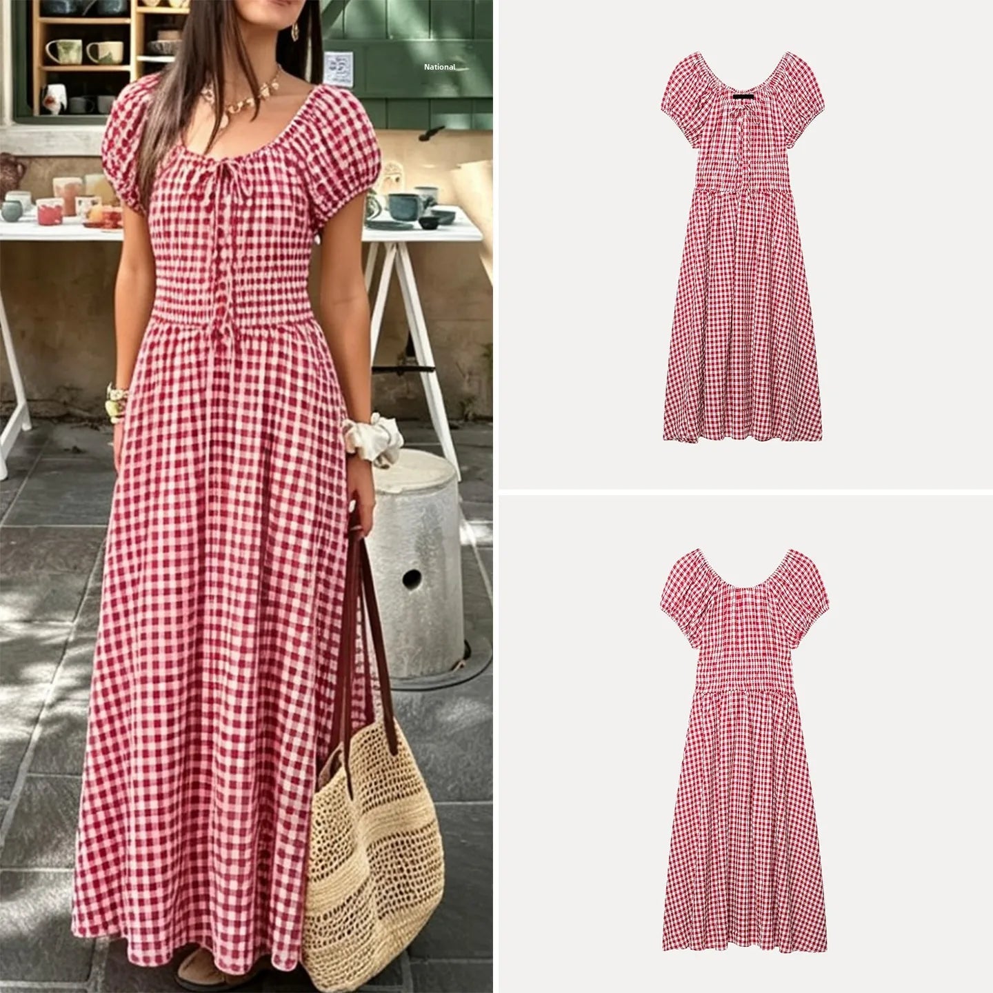 AIERTU  -  Elegant Long Bubble Sleeve Waist-Cinching Dress Women's Fashion Summer Casual Loose Fit A-Line Skirt Short Sleeve Aiertu