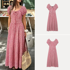 AIERTU  -  Elegant Long Bubble Sleeve Waist-Cinching Dress Women's Fashion Summer Casual Loose Fit A-Line Skirt Short Sleeve Aiertu