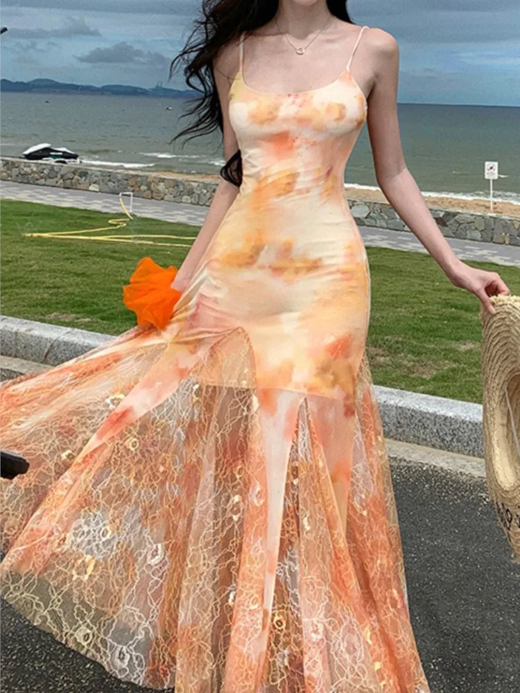 Aiertu Spaghetti Strap Floral Women Summer Dress Sleeveless Bodycon Elegant Fishtail Slim Clothes Sexy Female Casual Dresses Robe Mujer Aiertu