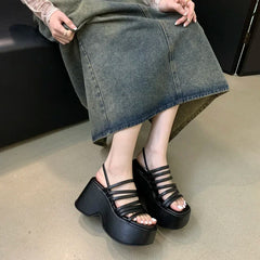 Aiertu Silver Wedge Sandals Women Platform Shoes Black Belt High Heels Gladiator Chunky Heeled  Summer Wedges Aiertu