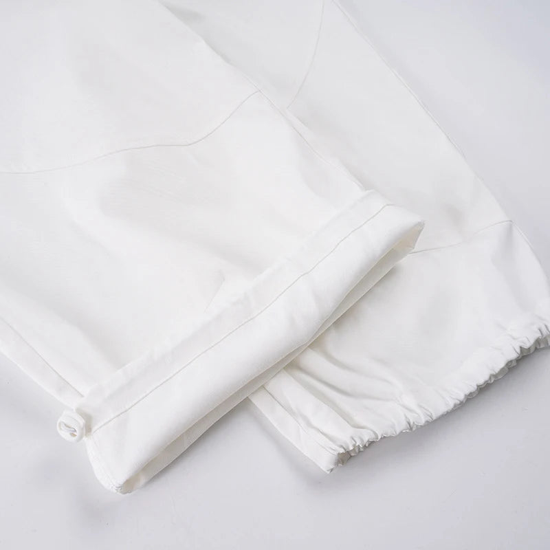 AIERTU  -  Street Style Casual Pure White Drawstring Calf-length Cargo Pants Ruched High Waist Fungus Edge Elastic Fashion Loose Pants Aiertu