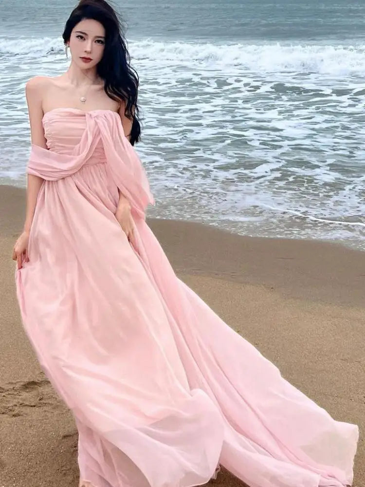 Aiertu Summer Pink Elegant Pleated High Waist Split Long Dress Women Fashion Backless Halter Strapless Fairy Dress Female 2024 Vestido Aiertu