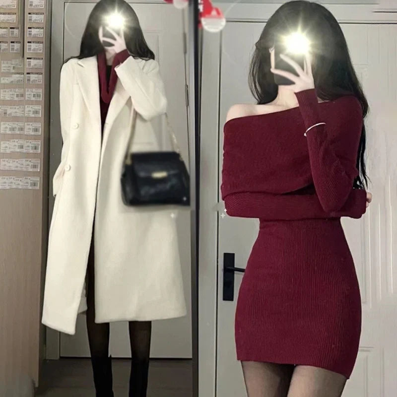 Aiertu DRESS TO IMPRESS Elegant Beautiful Women's Bodycon Dresses Slim Fitting Solid Color Fashion Autumn Off Shoulder Wrap Dress Dresses Winter aiertu