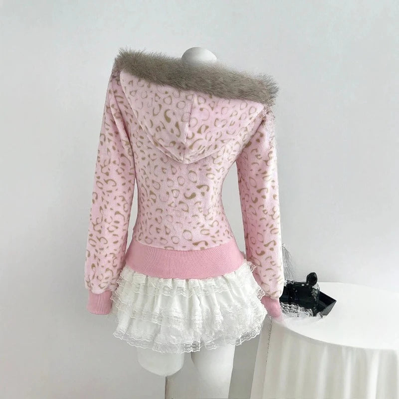 AIERTU  -  Y2k Women's Leopard Zip Up Hoodie Faux Fur Collar Plush Sweatshirts Slim Fit Cropped Vintage Warm Autumn Winter Jackets Aiertu