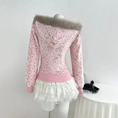 AIERTU  -  Y2k Women's Leopard Zip Up Hoodie Faux Fur Collar Plush Sweatshirts Slim Fit Cropped Vintage Warm Autumn Winter Jackets Aiertu