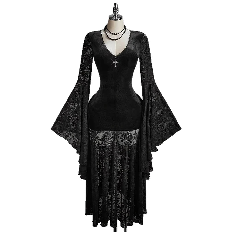 AIERTU  -  Elegant Lace Dress for Women Black V-Neck Flared Sleeve Velvet Dresses Autumn Winter Commuting Slim Fit Long Dresses Aiertu