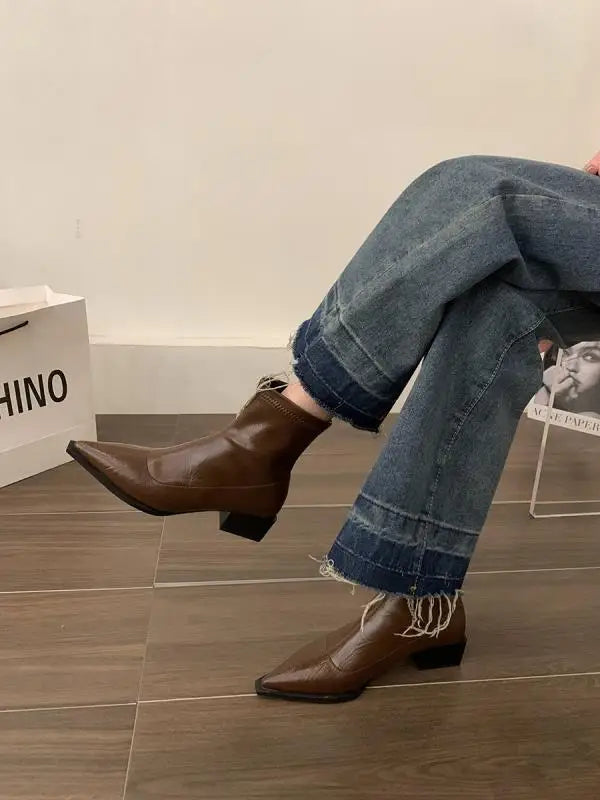 Boots Women New Shoes Luxury Designer silver  Ankle Fashion Pointy Med Ladies Rubber Autumn Rome Hoof Heels Flock Solid Sli Aiertu