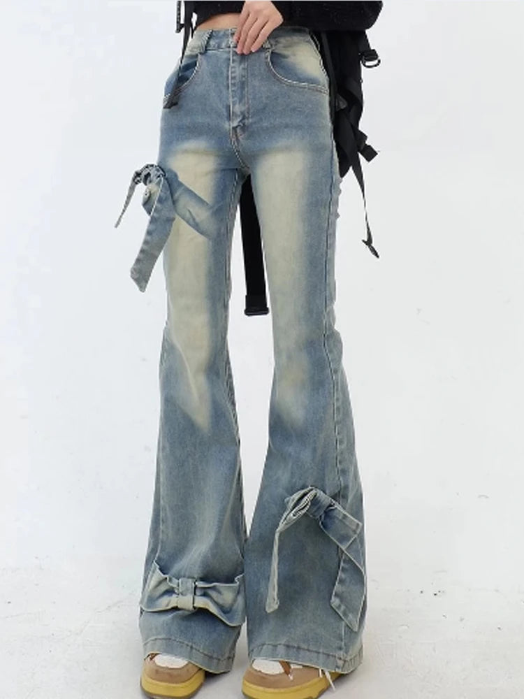Aiertu Women's Blue Bow Flare Jeans Harajuku 90s Aesthetic Streetwear Baggy Denim Trousers Y2k Jean Pants Vintage 2000s Trashy Clothes Aiertu