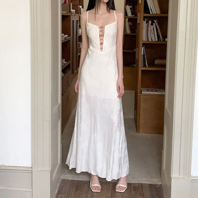 AIERTU  -  Women Dress New Chinese Style Patterned Chest Bead Hollow Out Backless Sleeveless High Waist Slim Vacation Sling Long Dresses Aiertu