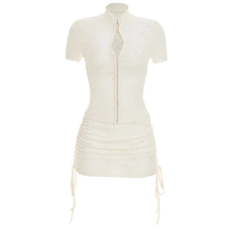 AIERTU  -  Vintage Lace Floral Embroidered Buckle T shirts Ruched Drawstring Sheer Mini Skirts Two Piece Sets for Party Event Summer Aiertu