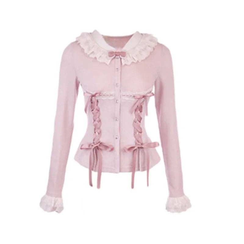 Aiertu Fashion Sweet Longsleeve Lace Up Slim Fit Knitted Tops Women+ High Waist Ruched Mini Cake Skirts 2024 Summer New Two Piece Sets Aiertu