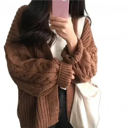 Oversized Knit Sweater Brown  Autumn Winter New Women Korean Fashion Sweet Long Sleeve Twisted Knitted Coat Sweater Cardigan Aiertu