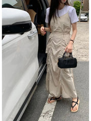 Aiertu Korean Fashion New Summer Dress Women Pleated Design Large Pockets Waisted Midi Dress Female Sleeveless Solid Black Long Dresses Aiertu