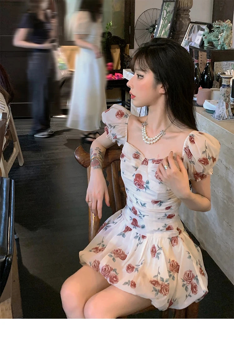 Aiertu Sweet Floral Sexy Strap Dress Women Folds Designer Casual  Mini Fairy Dress Female 2024 Summer Puff Sleeve Korean Princess Dress Aiertu