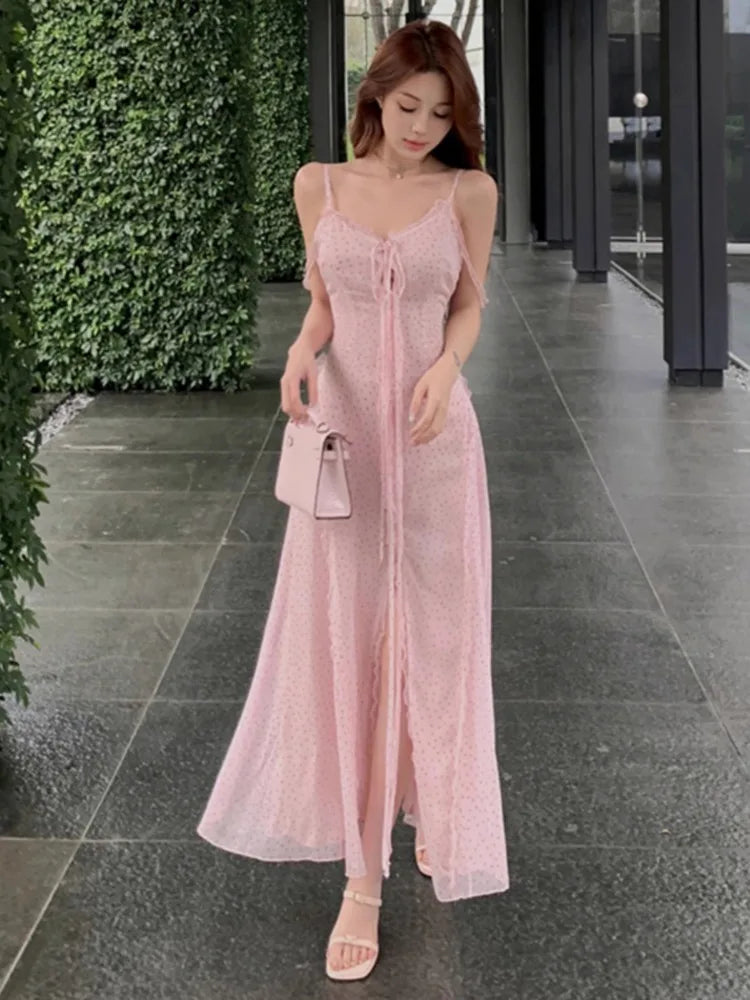Aiertu Sweet Gentle Style Dresses V-neck Suspender Dress Ruffled Edges Loose Fluttering Straps Split Super Fairy Long Vestido Aiertu