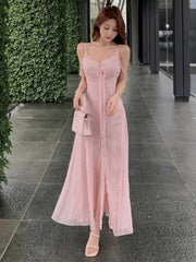 Aiertu Sweet Gentle Style Dresses V-neck Suspender Dress Ruffled Edges Loose Fluttering Straps Split Super Fairy Long Vestido Aiertu