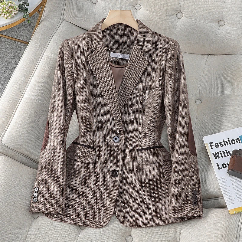 Aiertu 2024 Autumn Retro Gray Splice Plaid Sequins Blazers Coat For Women Brown Elegant Business Vintage Ladies Suit Jacket Fashion Y2k Aiertu