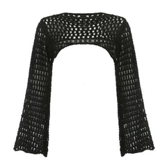 Aiertu Women Y2k Crochet Knit Hollow Out Crop Top Long Flared Sleeve Shrug Sweater Mesh Cover Ups Cardigan Streetwear Pullover Women Aiertu